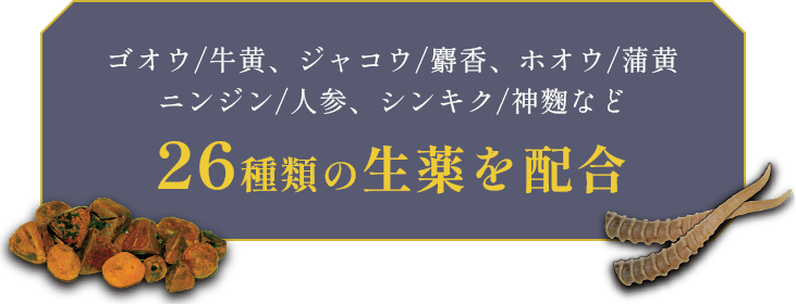ゴオウ/牛黄、ジャコウ/麝香、ホオウ/蒲黄、ニンジン/人参、シンキク/神麴など26種類の生薬を配合
